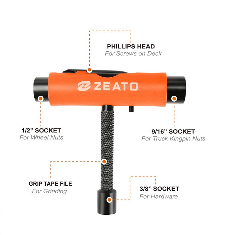Zeato [Upgrade Version] All-In-One Skate Tools Multi-function Portable Skateboard T Tool Accessory with T-type Allen Key and L-type Phillips Head Wrench Screwdriver - Orange - Image 2